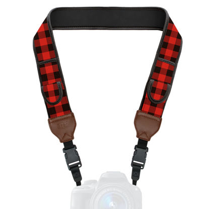 Picture of USA GEAR TrueSHOT Neck Strap Neoprene Camera Straps - Padded Camera Strap, Pockets, and Quick Release Buckles - Compatible with Canon, Nikon, Sony and More DSLR and Mirrorless Cameras (Red Plaid)