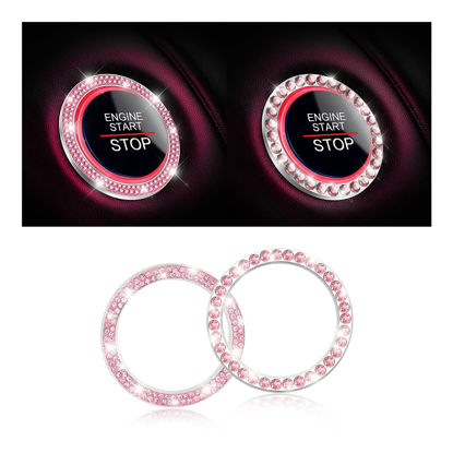 Picture of Car Bling Crystal Rhinestone Engine Start Ring Stickers, 1 Single Drainage Drill and 1 Double Drainage Drill Car Start Button Cover, Key Ignition Knob Bling Ring Decals, Bling Car Accessories(Pink)