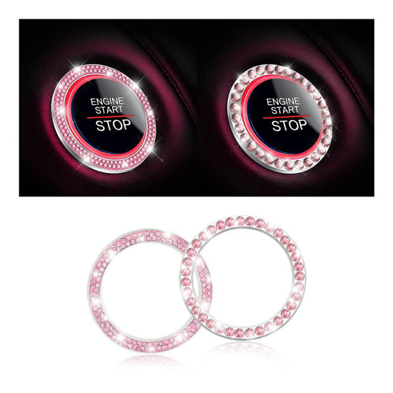 Picture of Car Bling Crystal Rhinestone Engine Start Ring Stickers, 1 Single Drainage Drill and 1 Double Drainage Drill Car Start Button Cover, Key Ignition Knob Bling Ring Decals, Bling Car Accessories(Pink)