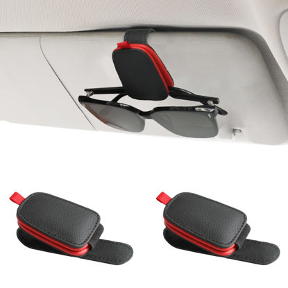 Picture of Yuoyar 2 Packs Sunglasses Holders for Car Visor - Magnetic Leather Sunglasses Holder and Ticket Card Clip - Car Visor Accessories (Black-red)