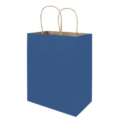 Picture of bagmad 100 Pack 8x4.75x10 inch Medium Blue Gift Paper Bags with Handles Bulk, Kraft Bags, Craft Grocery Shopping Retail Party Favors Wedding Bags Sacks (Blue, 100pcs)