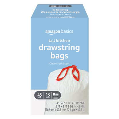 Picture of Amazon Basics Tall Kitchen Drawstring Trash Bags, Clean Fresh Scent, 13 Gallon, 45 Count (Previously Solimo)
