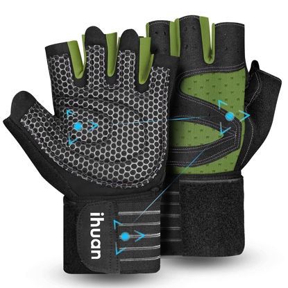 Picture of ihuan Ventilated Weight Lifting Gym Workout Gloves with Wrist Wrap Support for Men & Women, Full Palm Protection, for Weightlifting, Training, Fitness, Hanging, Pull ups (Dark Green, L)