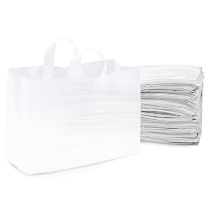 Picture of Prime Line Packaging - 16x6x12 Inch 50 Pack Plastic Bags with Handles, Shopping Bags for Small Business, Large Clear Frosted White in Bulk for Boutiques, Retail Stores, Merchandise & Gifts
