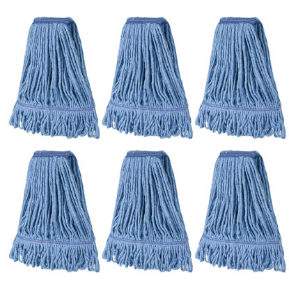 Picture of Matthew Cleaning Heavy Duty Mop Head Commercial Replacement for General and Floor Cleaning , Wet Industrial Blue Cotton Looped End String Head Refill (Pack of 6) Blue