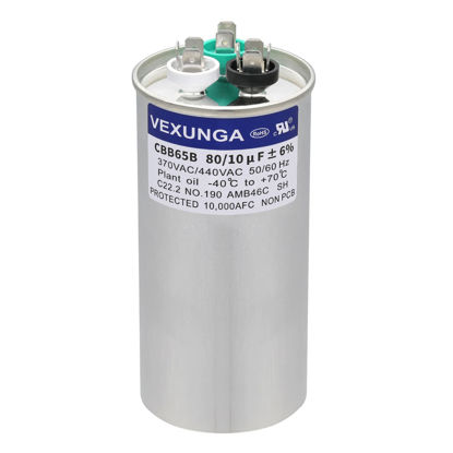 Picture of VEXUNGA 80/10 uF 80+10 MFD 370VAC or 440VAC Dual Run Start Round A/C Capacitor CBB65 CBB65B Air Conditioner Capacitors for AC Unit Fan Motor Start or Heat Pump or Condenser Straight Cool