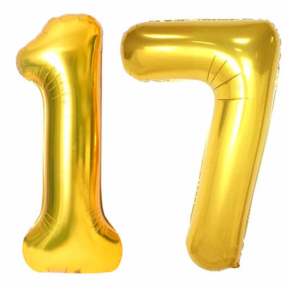 Picture of 17 Number Balloons Gold Big Giant Jumbo Number 17 Foil Mylar Balloons for 17th Birthday Party Supplies 17 Anniversary Events Decorations