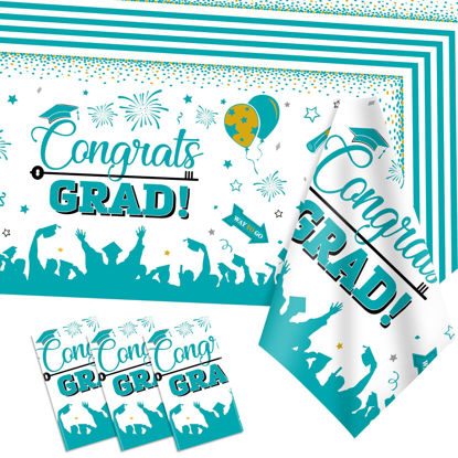 Picture of DUAIAI Graduation Tablecloths, 3 Pack Large Size Plastic 54"x108" Congrats Grad Graduation Party Tablecover Decorations for Class of 2023- Teal