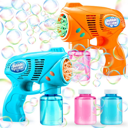 Picture of JOYIN 2 Bubble Guns with 2 Bubble Refill Solution (10 oz Total), Automatic Bubble Maker Blower Machine for Kids, Toddlers, Outdoors, Party, Birthday Gift, Easter Bubble Toys (Blue, Orange)