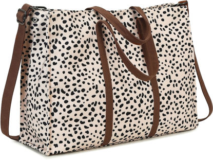 Picture of Laptop Tote Bag for Women Work Shoulder Bags 15.6 inch Canvas Laptop Computer Purse Messenger Teacher Handbag Business Office Briefcase (Leopard - Apricot)
