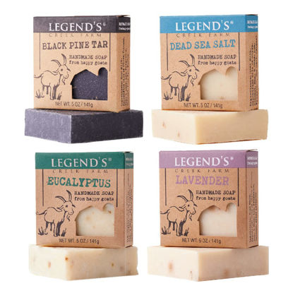 Picture of Legend’s Creek Farm Goat Milk Soap, Moisturizing Cleansing Bar for Hands and Body, Creamy Lather and Nourishing, Gentle For Sensitive Skin, Handmade in USA (Dead Sea, Eucalyptus, Lavender, Pine Tar, 4-Pack)