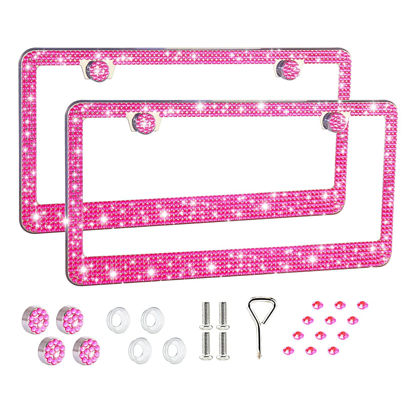 Picture of FIISFIIS Bling License Plate Frame for Women,2 Pack Premium Stainless Steel Rhinestone Car License Plate Holder,Handmade Glitter Crystal Diamond Lincense Plate Cover,Bedazzled Sparkly Caps-Pink