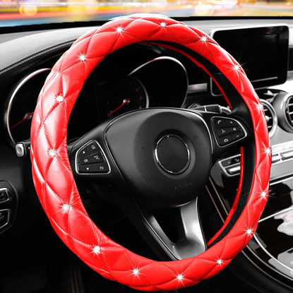 Picture of YOGURTCK Cute Diamond Soft Leather Anti-Slip Steering Wheel Cover with Bling Bling Crystal Rhinestones, Universal 15 Inch for Women Girls, Fit Vehicles, Sedans, SUVs, Vans, Trucks - Red