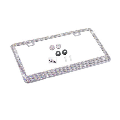 Picture of YALOK Bling Car License Plate Frame, Sparkly Rhinestone Stainless Steel License Plate Cover/Holder, Universal for Most Cars, SUVs, Vehicles with Screw Set, Auto Accessories for Women (Laser)