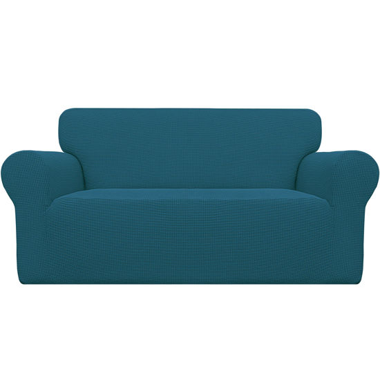 Picture of Easy-Going Stretch Oversized Loveseat Slipcover 1-Piece Sofa Cover Furniture Protector Couch Soft with Elastic Bottom for Kids Polyester Spandex Jacquard Fabric Small Checks Peacock Blue
