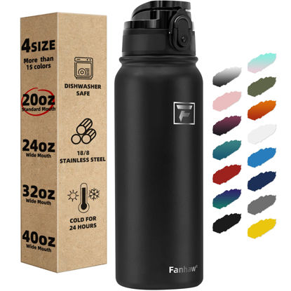 Picture of Fanhaw Insulated Water Bottle with Chug Lid - 20 Oz Double-Wall Vacuum Stainless Steel Reusable Leak & Sweat Proof Sports Water Bottle Dishwasher Safe with Anti-Dust Standard Mouth Lid (Black)