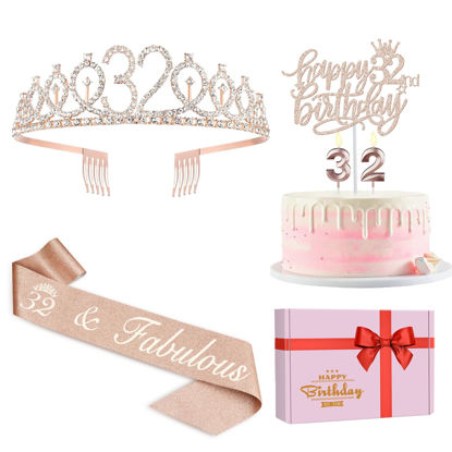 Picture of 32 Birthday Decorations for Women Including 32nd Birthday Sash, Crown/Tiara, Birthday 32 Candles and Cake Toppers, Rose Gold 32 Birthday Gifts for Women 32nd Birthday Decorations Favor Supplies