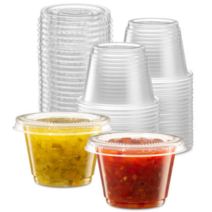 Picture of {2.5 oz - 100 Sets} Clear Diposable Plastic Portion Cups With Lids, Small Mini Containers For Portion Controll, Jello Shots, Meal Prep, Sauce Cups, Slime, Condiments, Medicine, Dressings, Crafts, Disposable Souffle Cups & Much more