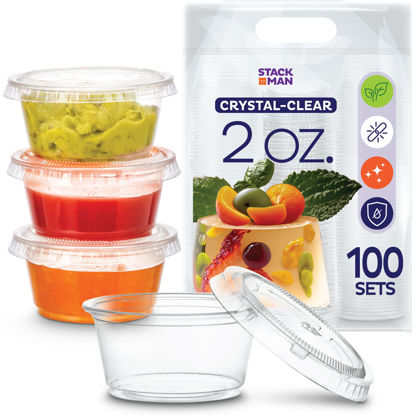 Picture of Mini Plastic Souffle Cups with Lids [2 oz - 100 Sets] Jello Shot Cups - 2oz Cup, Small Condiment & Snack Containers - Disposable 2 Ounce Plastic Portion Glasses & Lid for Sauce Dressing or Shots