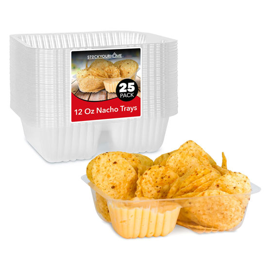 Picture of 12oz Plastic Nacho Trays (25 Pack) Small Disposable Tray for Nachos & Cheese Dip, Concession Stand Supplies, Movie Night Snacks for Kids, Carnival Party Decorations, Food Boats, Snack Containers…