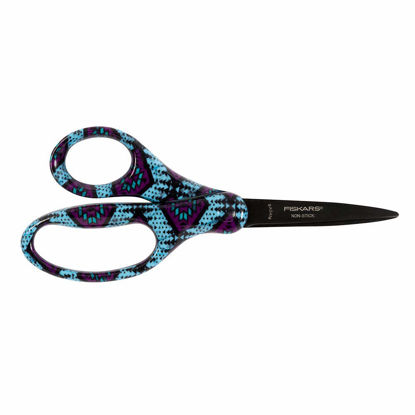 Picture of Fiskars 7" Designer Pointed-Tip Scissors for Kids 12-14 with Non-Stick Blades (1-Pack) - Scissors for School or Crafting - Back to School Supplies - Blue Tribal