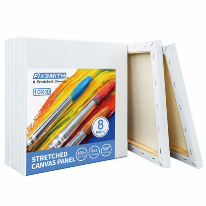 Picture of FIXSMITH Stretched White Blank Canvas - 10 x10 Inch, Bulk Pack of 8, Primed, 100% Cotton, 5/8 Inch Profile of Super Value Pack for Acrylics,Oils & Other Painting Media.