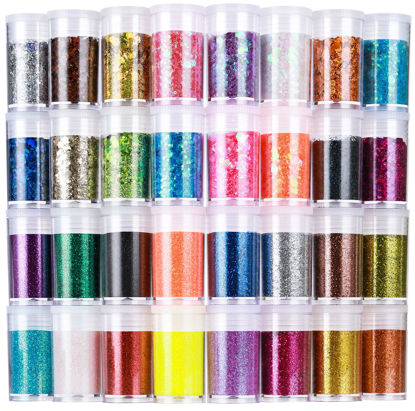Picture of Extra Fine Glitter Powder & Holographic Chunky Glitter, Resin Glitter, Nail Glitter, Craft Glitter, LEOBRO Sparkle Flakes Sequins Glitter for Epoxy Resin, Tumblers, Body, Hair, Face, Crafts, 16+16pcs