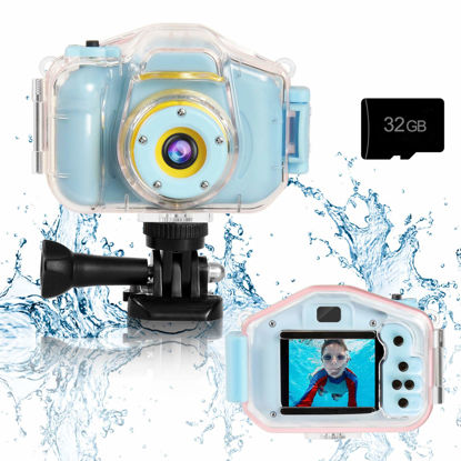 Picture of Agoigo Kids Waterproof Camera Toys for 3-12 Year Old Boys Girls Christmas Birthday Gifts Underwater Sports HD Children Digital Action Camera 2 Inch Screen with 32GB Card (Blue)