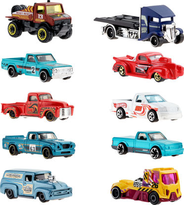 Picture of Hot Wheels 10-Pack, Set of 10 Toy Trucks in 1:64 Scale, Mix of Officially Licensed & Unlicensed (Styles May Vary) (Amazon Exclusive)