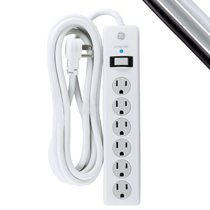 Picture of GE 6-Outlet Surge Protector, 8 Ft Extension Cord, Power Strip, 800 Joules, Flat Plug, Twist-to-Close Safety Covers, Protected Indicator Light, UL Listed, White, 14014