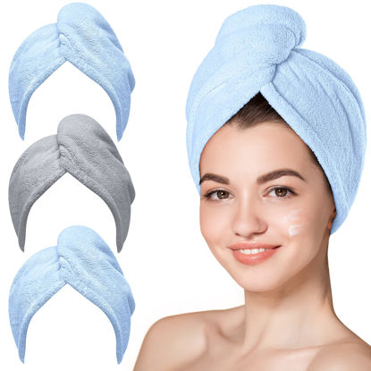 Picture of Hicober Microfiber Hair Towel, 3 Packs Hair Turbans for Wet Hair, Drying Hair Wrap Towels for Curly Hair Women Anti Frizz(Blue,Blue,Grey)