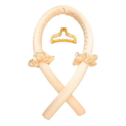 Picture of Heatless Curling Rod Headband No Heat Silk Ribbon Hair Roller Curls with Hair Claw Clip Lazy Natural Soft Wave DIY Styling Tool for Sleep in Overnight (Yellow)