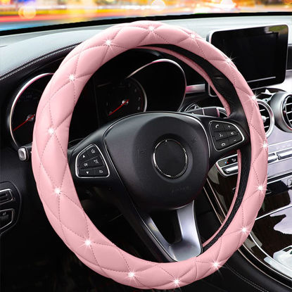Picture of YOGURTCK Cute Diamond Soft Light Pink Leather Anti-Slip Steering Wheel Cover with Bling Bling Crystal Rhinestones, Universal 15 Inch for Women Girls, Fit Vehicles, Sedans, SUVs, Vans, Trucks