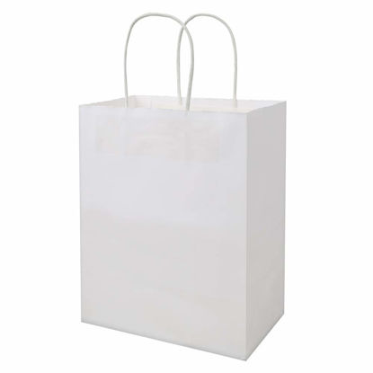 Picture of bagmad 100 Pack Sturdy Medium White Kraft Paper Bags with Handles Bulk, Thicken Gift Bags 8x4.75x10 inch, Craft Grocery Shopping Retail Party Favors Wedding Bags Sacks (White, 100pcs)