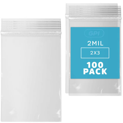 Picture of GPI Clear Plastic Reclosable ZIP Poly Bags, Case of 100, 2-mil Thick, 2 Inch x 3 Inch, For Travel, Storage, Shipping