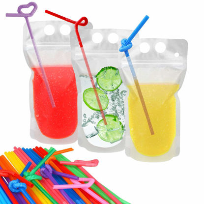 Picture of 100 Pcs Drink Pouches with 100 Straw Holes, Freezable Juice Pouches, Translucent Reclosable Zipper Plastic Pouches Drink Bags for Cold & Hot Drinks for Adults and Kids