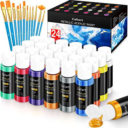 Picture of Caliart Metallic Acrylic Paint Set with 12 Brushes, 24 Colors (59ml, 2oz) Art Craft Paints for Artists Students Kids Beginners, Halloween Decorations Canvas Ceramic Wood Rock Painting Art Supplies Kit