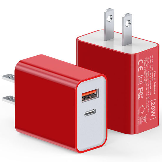 Picture of 2Pieces USB C Wall Charging Block, 20W 2Port Fast USBC PD3.0 Power Adapter Type C Charger Brick Cube Plug for iPhone 14 13 12 Pro Max Mini 11 XS X 8, iPad, Samsung, Google, Tablet, Android, Red