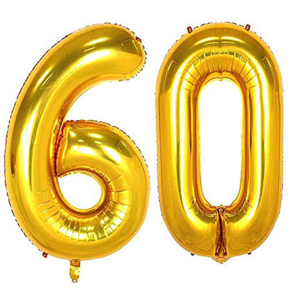 Picture of 60 Number Balloons Gold Big Giant Jumbo Number 60 Foil Mylar Balloons for 60th Women Men Birthday Party Supplies 60 Anniversary Events Decorations