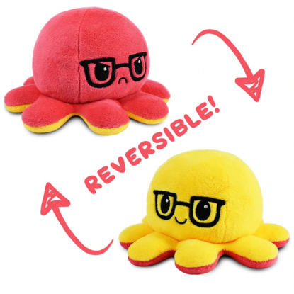 Picture of TeeTurtle - The Original Reversible Octopus Plushie - Red + Yellow with Glasses - Cute Sensory Fidget Stuffed Animals That Show Your Mood 4x4x3