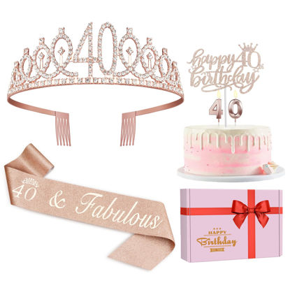 Picture of 40th Birthday Gifts for Women, Including 40th Birthday Crown/Tiara, Sash, Cake Topper and Candles, 40th Birthday Decorations Women