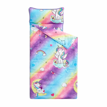 Picture of Wake In Cloud - Extra Long Unicorn Nap Mat, with Removable Pillow for Kids Toddler Boys Girls Daycare Preschool Kindergarten Sleeping Bag, Colorful Unicorns Rainbow, 100% Microfiber
