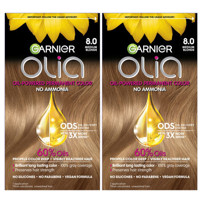 Picture of Garnier Hair Color Olia Ammonia-Free Brilliant Color Oil-Rich Permanent Hair Dye, 8.0 Medium Blonde, 2 Count (Packaging May Vary)