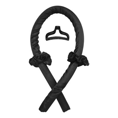 Picture of Heatless Curling Rod Headband, No Heat Silk Ribbon Hair Roller Curls with Hair Claw Clip Lazy Natural Soft Wave DIY Styling Tool for Sleep in Overnight (Black)