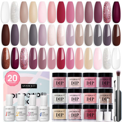 Picture of AZUREBEAUTY 29 Pcs Dip Powder Nail Kit Starter, 20 Colors Clear Nude Pink Brown Glitter All Season Acrylic Dipping Powder System Essential Liquid Set with Top/Base Coat Activator for French Nail Manicure DIY Salon Women Gift