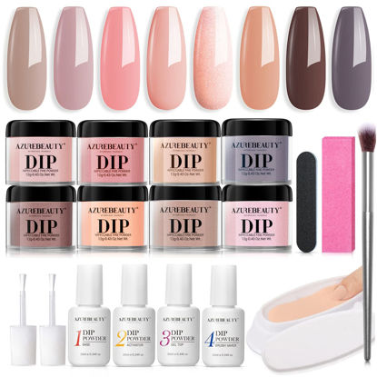Picture of 18Pcs Dip Powder Nail Kit Starter Pro- AZUREBEAUTY 8 Colors Nude Brown Skin Tones Pink Neutral Dipping Powder System, Recycling Tray with Base & Top Coat Activator for French Nail Art Manicure Mothers Day Gift