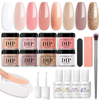 Picture of AZUREBEAUTY 18Pcs Dip Nails Powder Starter Kit 8 Colors Nude Skin Tones Champagne Glitter Neutral Pink with Dipping Powder Liquid Set + Recycling Tray for French Nail Art Manicure Beginner Gift