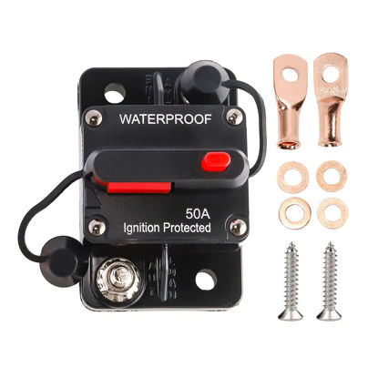 Picture of RED WOLF 50A Amp Circuit Breaker for Boat Trolling Motor Marine ATV Vehicles Stereo Audio Battery Solar System Inline Fuse with Manual Reset Switcher Waterproof