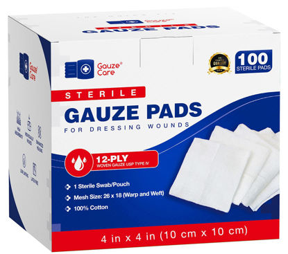 Picture of 100pc Large Sterile Gauze Pads 4x4 Sterile for Wounds Bulk - 12ply Woven Gauze Sponges 4x4 Sterile - USP IV Thick Breathable Mesh 4x4 Gauze Pads Sterile for Enhanced Absorption - First Aid Medical
