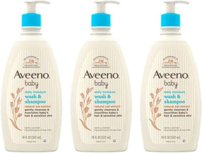 Picture of Aveeno Baby Daily Moisture Gentle Bath Wash & Shampoo with Natural Oat Extract, Hypoallergenic, Tear-Free & Paraben-Free Formula For Sensitive Hair & Skin, Lightly Scented, 18 Fl Oz (Pack of 3)